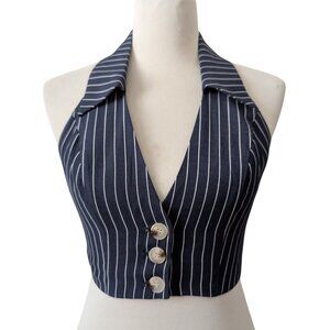 Danielle Bernstein We Wore What Sz XS Blue PInstripe Crop Halter Backless Vest